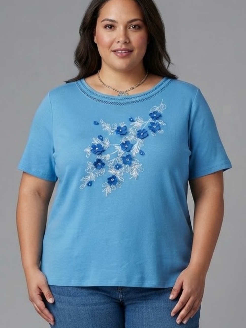😍 CLEARANCE CLASSIC EDITIONS Blue Short Sleeve Tee 3D Flowers XL